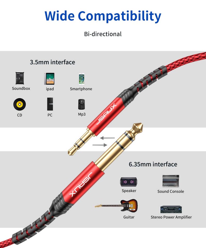 JSAUX 1/4 to 1/8 Cable Stereo Audio Cable 6M 6.35mm 1/4" Male to 3.5mm 1/8" Male TRS Bidirectional Stereo Audio Cable Jack 20FT for Guitar, iPod, Laptop, Home Theater Devices, Amplifiers-Red - Image 5